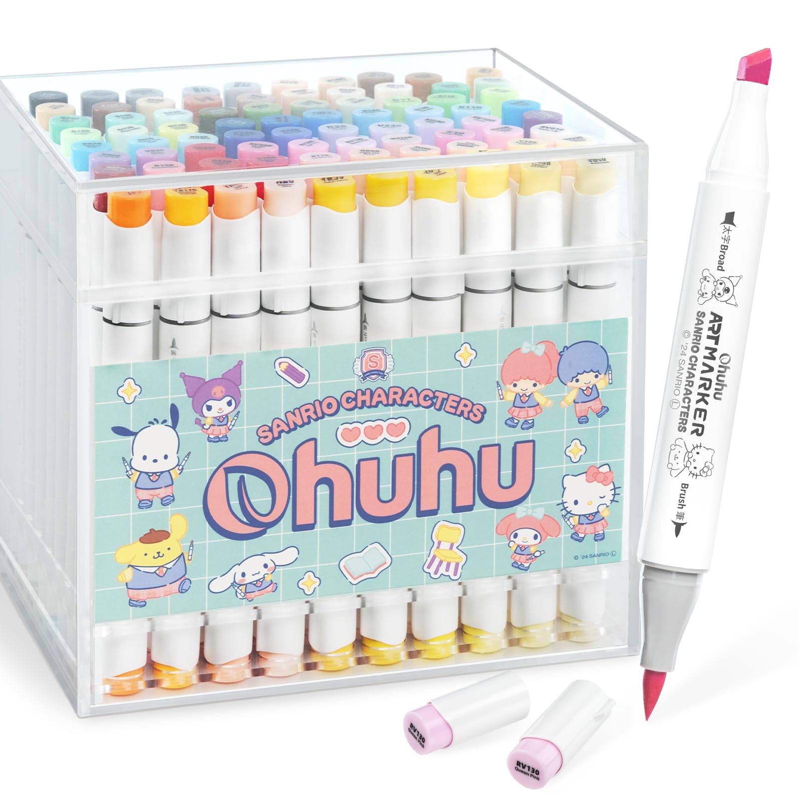 Персонажи Sanrio x Кисть для иллюстраций Ohuhu 80 цветов Пастельные и светлые Включает 1 блендер и маркеры, Тип, (81 маркер), Для профессионального использования white SHUHARI