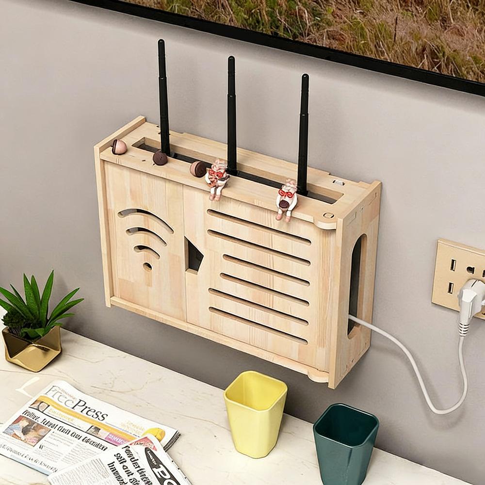 Настенный ящик для хранения Домашний настенный органайзер для WiFi-роутера Деревянное настенное крепление для управления кабелями Многофункциональный кейс для хранения beige Haven Home