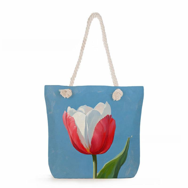 Tulip flowers print thick rope single-shoulder beach bag 7356 KTB gray