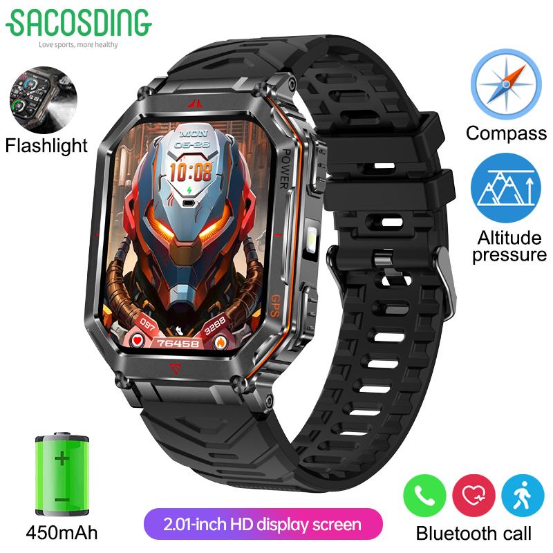 Новые Умные Часы для Улицы 450 мАч, HD Экран 2,01 Дюйма, Пульс, АД, Водонепроницаемые, Компас, Светодиодный Фонарик, Спортивный Режим, Смарт-часы gray SACOSDING Smart Watch
