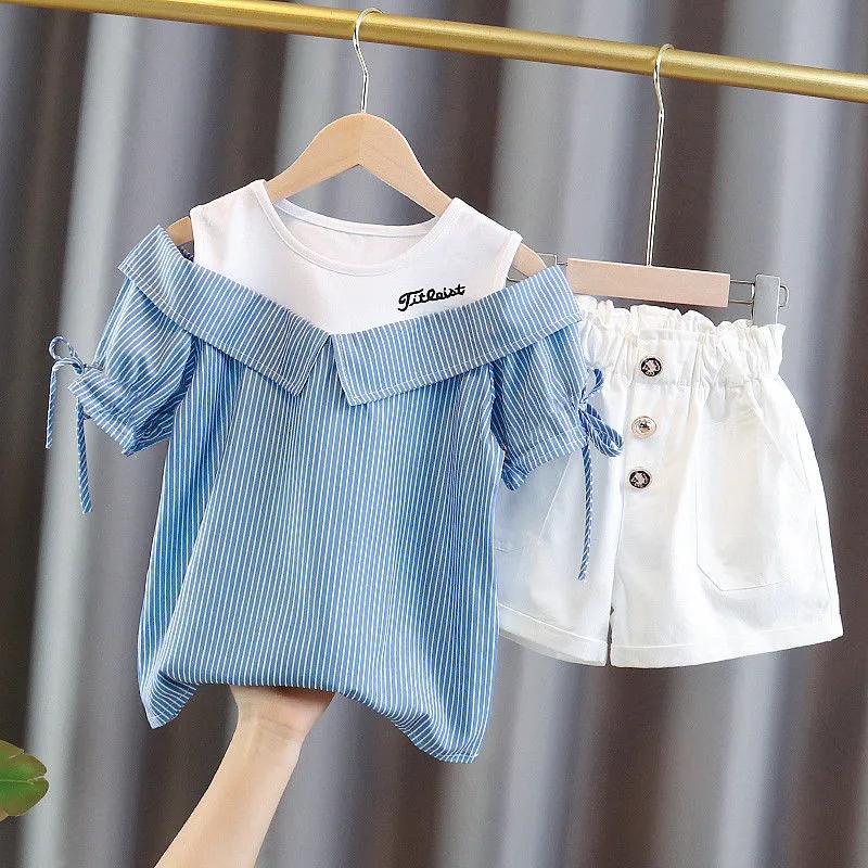 Girls Summer Fresh Suit Striped Strapless Short Sleeve Tops + Shorts 2 Piece Set 170 синий Lay Lay