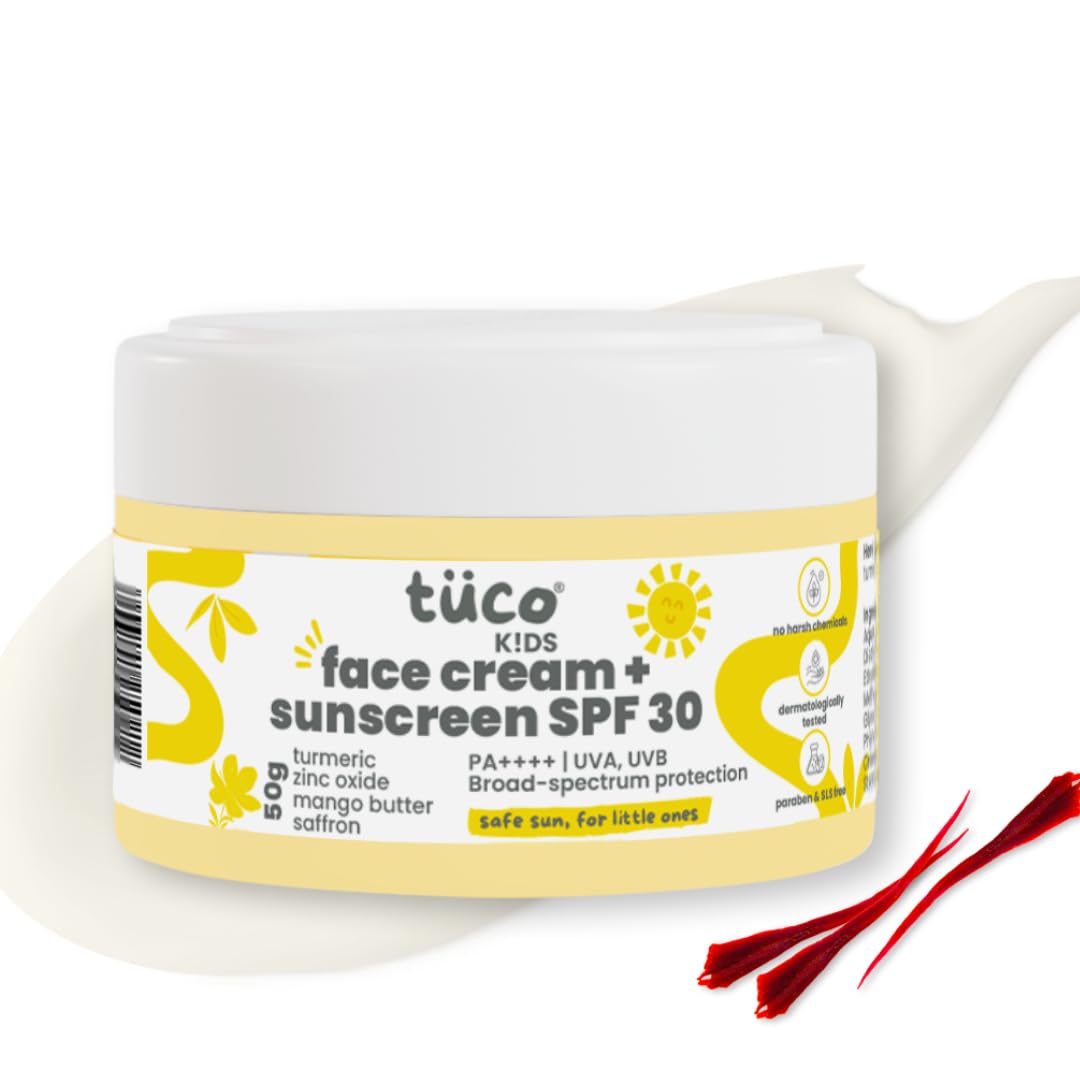 TuCo ® Kids 2 в 1 Крем для лица + Солнцезащитный крем для всех типов кожи SPF 30 С шафрановым маслом Для детей | Возраст 2-5, 5-10, 10-15 | UVA/UVB PA++++| 50 г white Vedic India