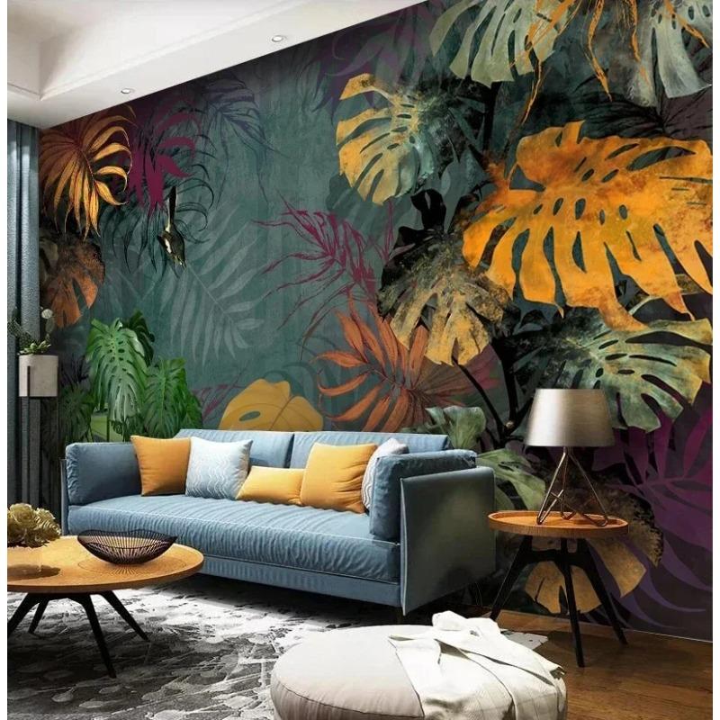 Настенные обои Nordic Tropical Plants Vintage Leaves Фото Настенная живопись Гостиная Телевизор Диван Фон Домашний декор Фреска 200 cm(W) x 140 cm(H) gray LILOKKO 3
