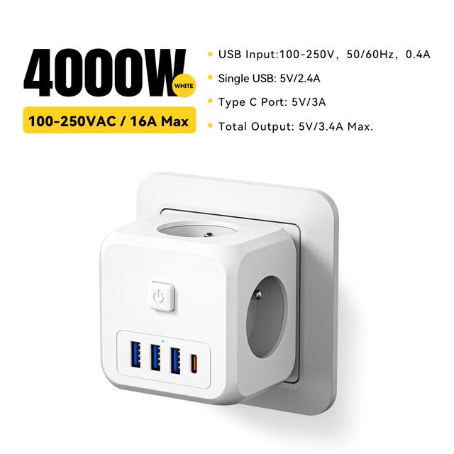 Удлинитель с вилкой европейского стандарта ESSAGER, 3 розетки переменного тока, 3 USB-порта для зарядки, 1 адаптер типа C, 5 В, 2,4 А, настенное зарядное устройство 7-в-1 EU Plug белый