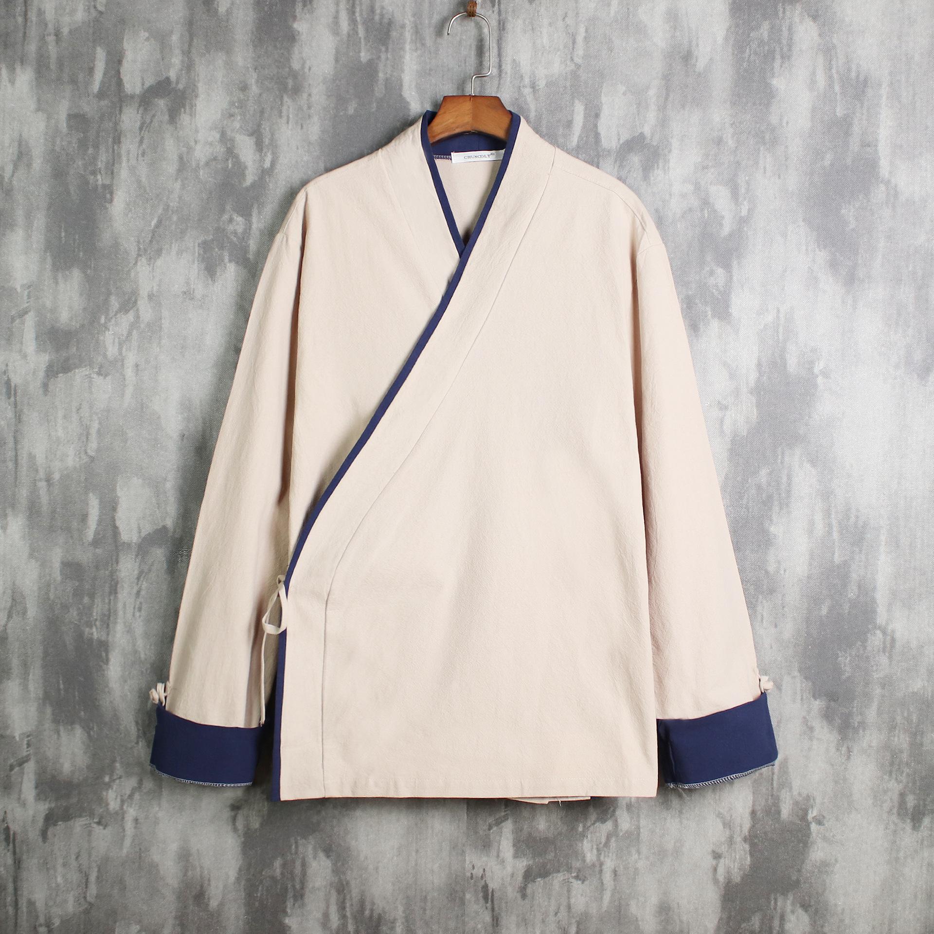 Рубашки в стиле ретро Hanfu Cotton Linen с длинным рукавом, лоскутная мужская кардиган со шнуровкой XXXXL бежевый LIngzhi