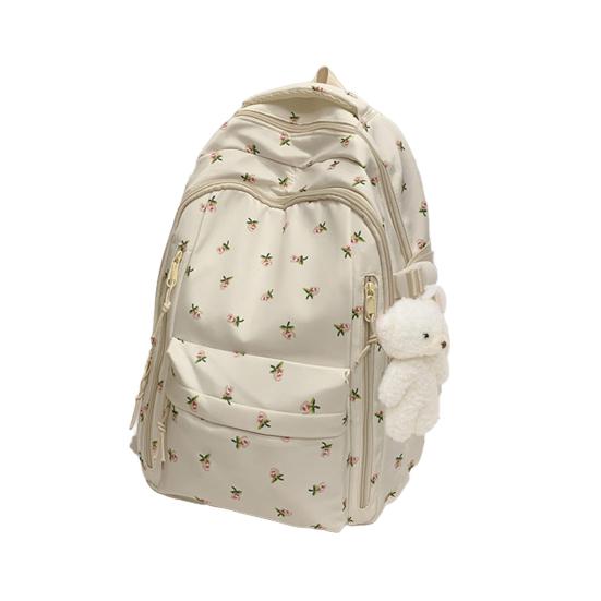 Цветочный рюкзак для девочек Рюкзак большой вместимости с мягкими плечевыми лямками Подвеска-мишка Принт с фруктами Школьный рюкзак для путешествий Колледж A white MixWin