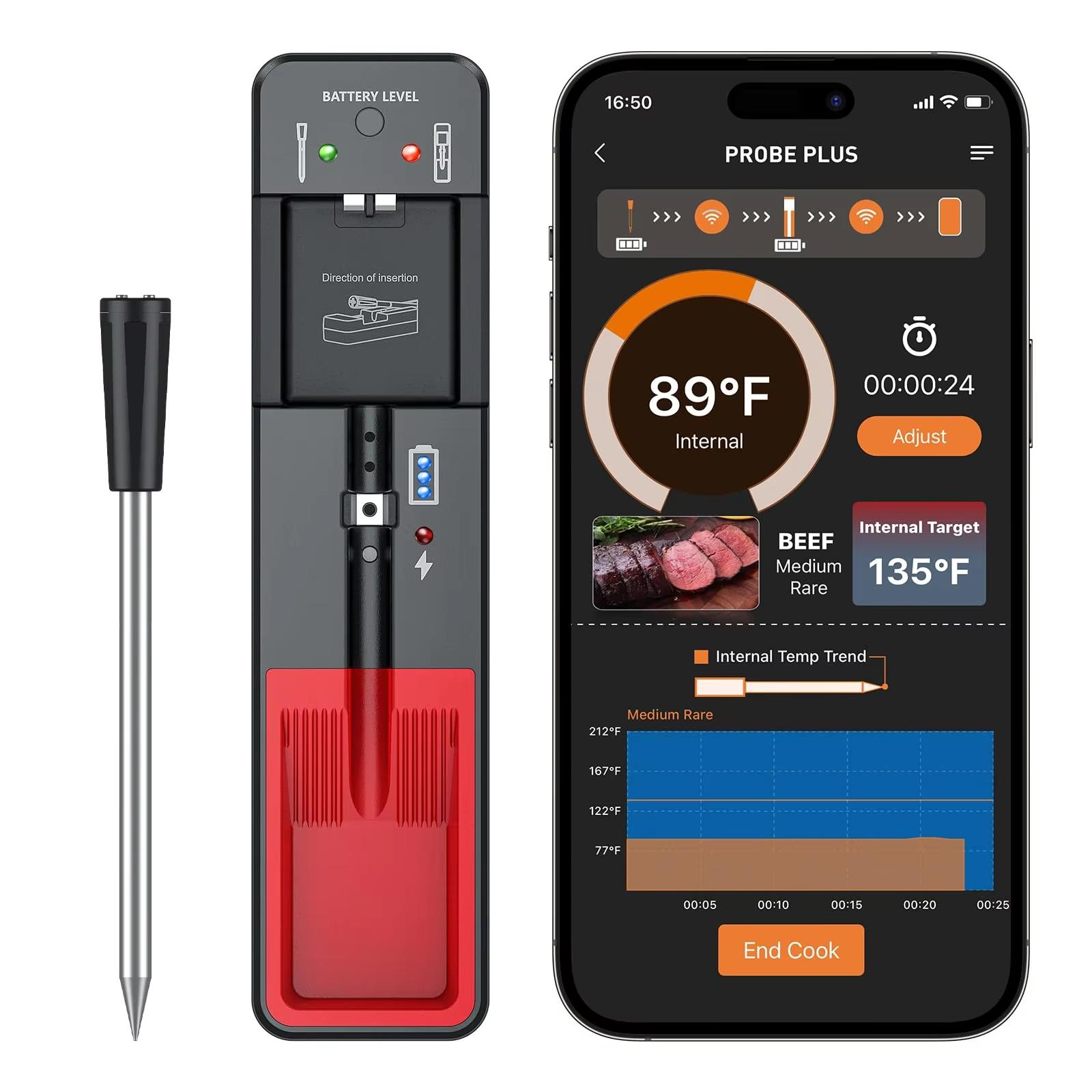 Беспроводной термометр для мяса, цифровой зонд, термометр Bluetooth 360 футов, поддержка приложения, удаленный мониторинг для духовки, коптильни, су-вид чёрный Kithchen MR