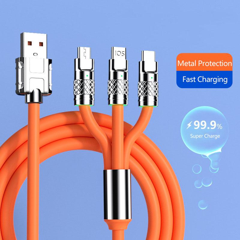 VAORLO Металлический USB-кабель для передачи данных 120 Вт 6A 3 в 1 Super Charge Быстрая зарядка для Micro Type-C с индикатором передачи 480 Мбит/с оранжевый