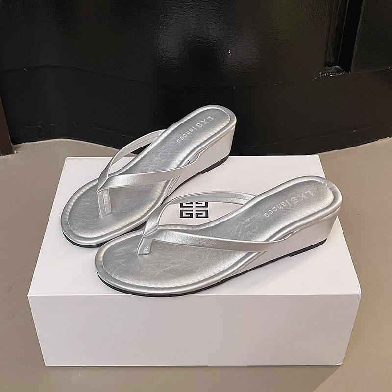 Slope Heel Fashion Clip on Cool Slippers Женские шлепанцы Тапочки на высоком каблуке 35 серебряный Besshoes