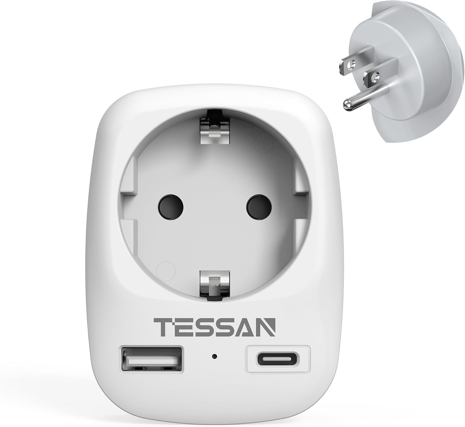 Дорожный адаптер TESSAN из ЕС в США с 2 USB-портами (2,4 А), Настенное зарядное устройство с 2-контактным разъемом от Европы до 3-контактного разъема в США для путешествий/дома 1 Outlets&1 USB A 1 USB C серый