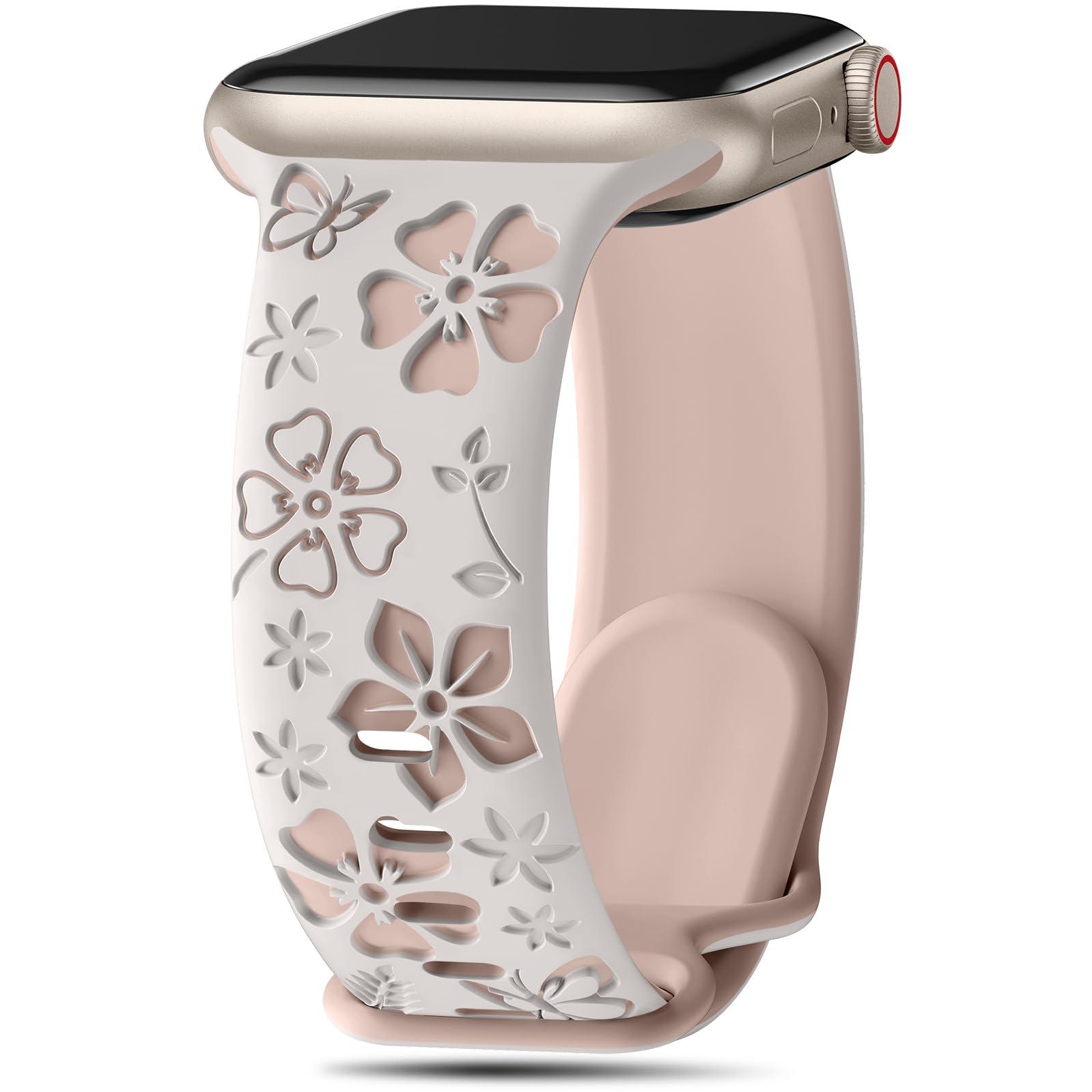 Цветочный силиконовый ремешок с пятью лепестками для Apple Watch с 3D лазерной гравировкой 38/40/41 mm beige GadgetGrip