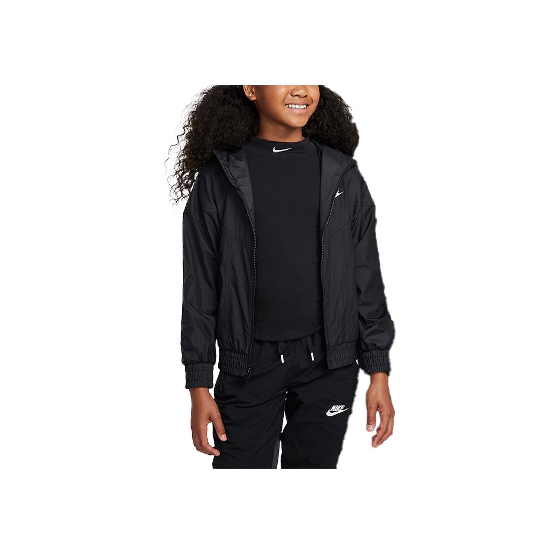 Куртка Nike Sportswear Windrunner с капюшоном, водонепроницаемая, удобная, повседневная, детская, черная с белым, FZ5516-010 S black