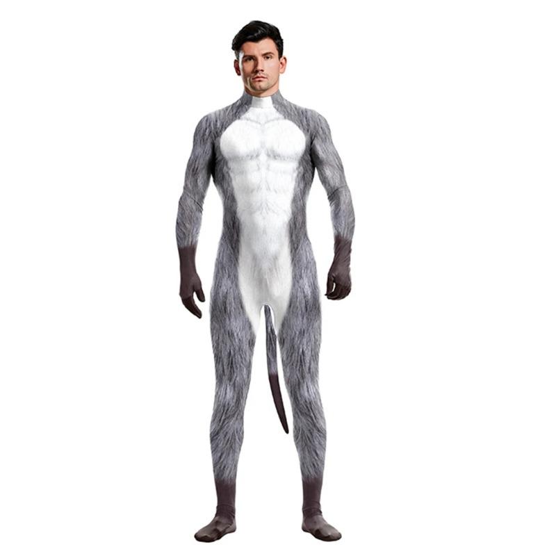 Сексуальный комбинезон Huskies Werewolf Wolf Catsuit Fantasy Cosplay Costume Halloween Zentai Men Women Unisex Temptation Tail Bodysuit M gray mm3768