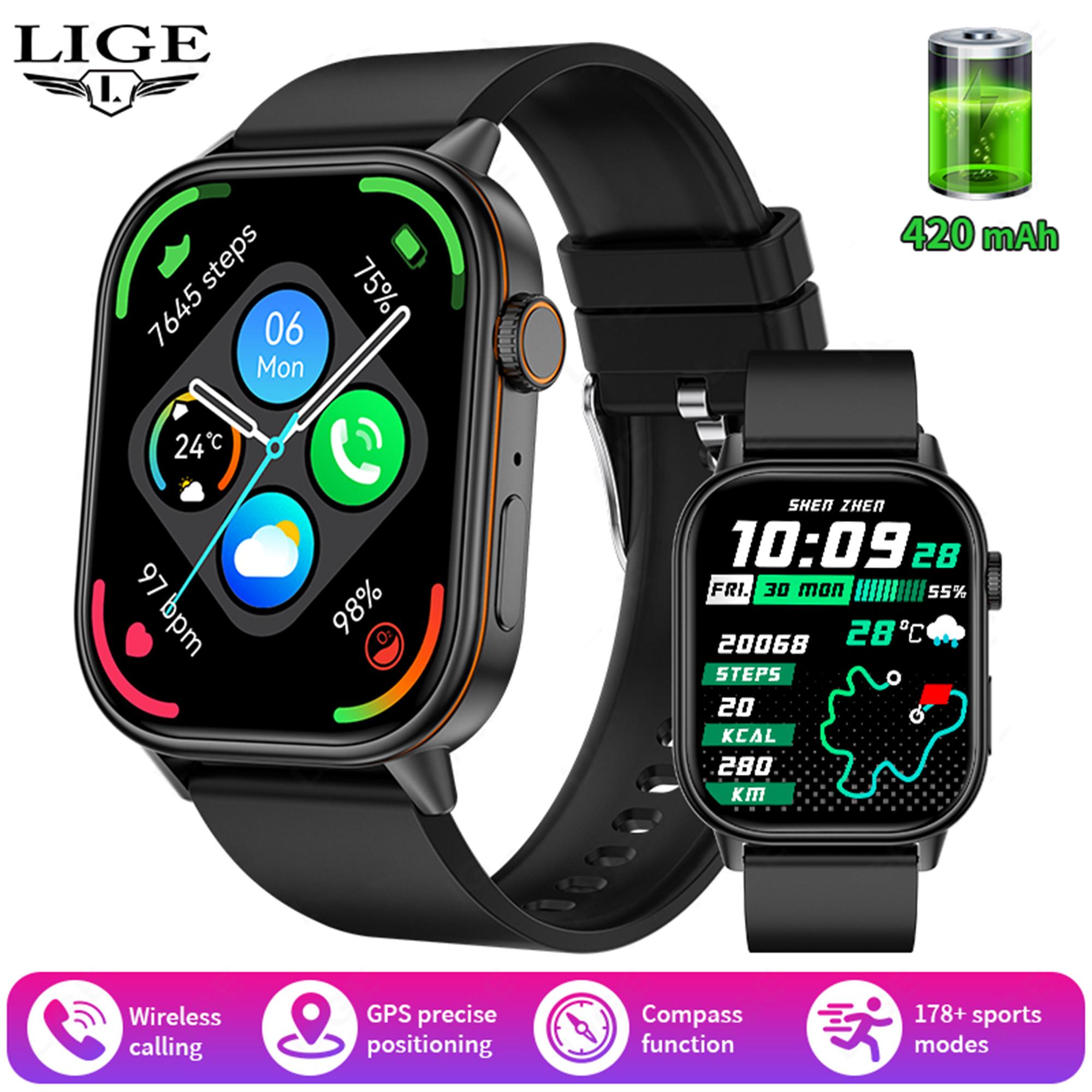 LIGE 2025 Новые мужские умные часы Bluetooth Call Health Monitor Compass Outdoor Smartwatch silicone strap чёрный