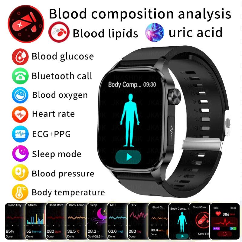 Умные часы ECG+PPG с функцией звонков по BT, push-уведомлениями, физическим обследованием, монитором здоровья, артериального давления, мочевой кислоты, кислорода в крови, спортивные умные часы Black Silicone black QLY Online