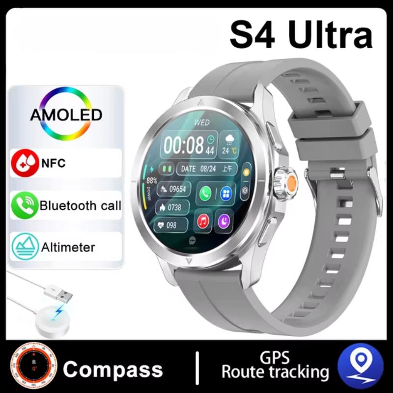 2025 НОВЫЙ S4 Ультра Смарт Браслет Мужские Часы AMOLED HD Экран Bluetooth Вызов GPS Траектория NFC Компас Сердечного ритма Умные Часы Silicone Belt серебряный ElectronicsHome