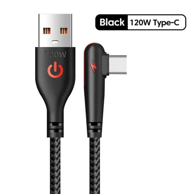 120 Вт USB-кабель Type C с углом поворота 90 градусов для быстрой зарядки мобильного телефона Xiaomi Redmi Huawei Mate 40 30, шнур для зарядки телефона Length 1M чёрный AlongChoice