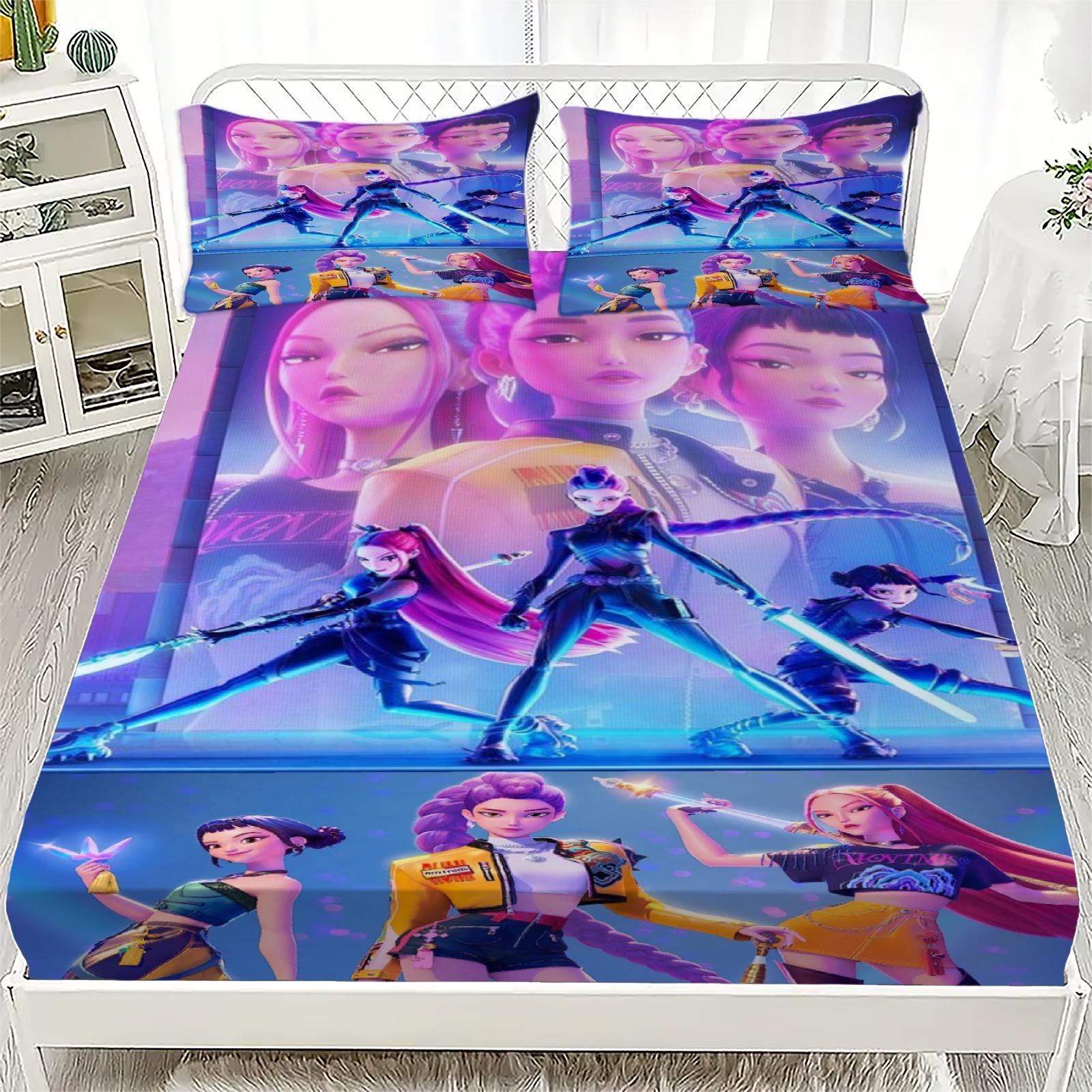 K-Pop D-Охотники на демонов Простыня на резинке от Personalized для домашнего декора, Настраиваемый DIY чехол на кровать с глубоким карманом и 2 наволочками 1PC pillowcase blue Modimo