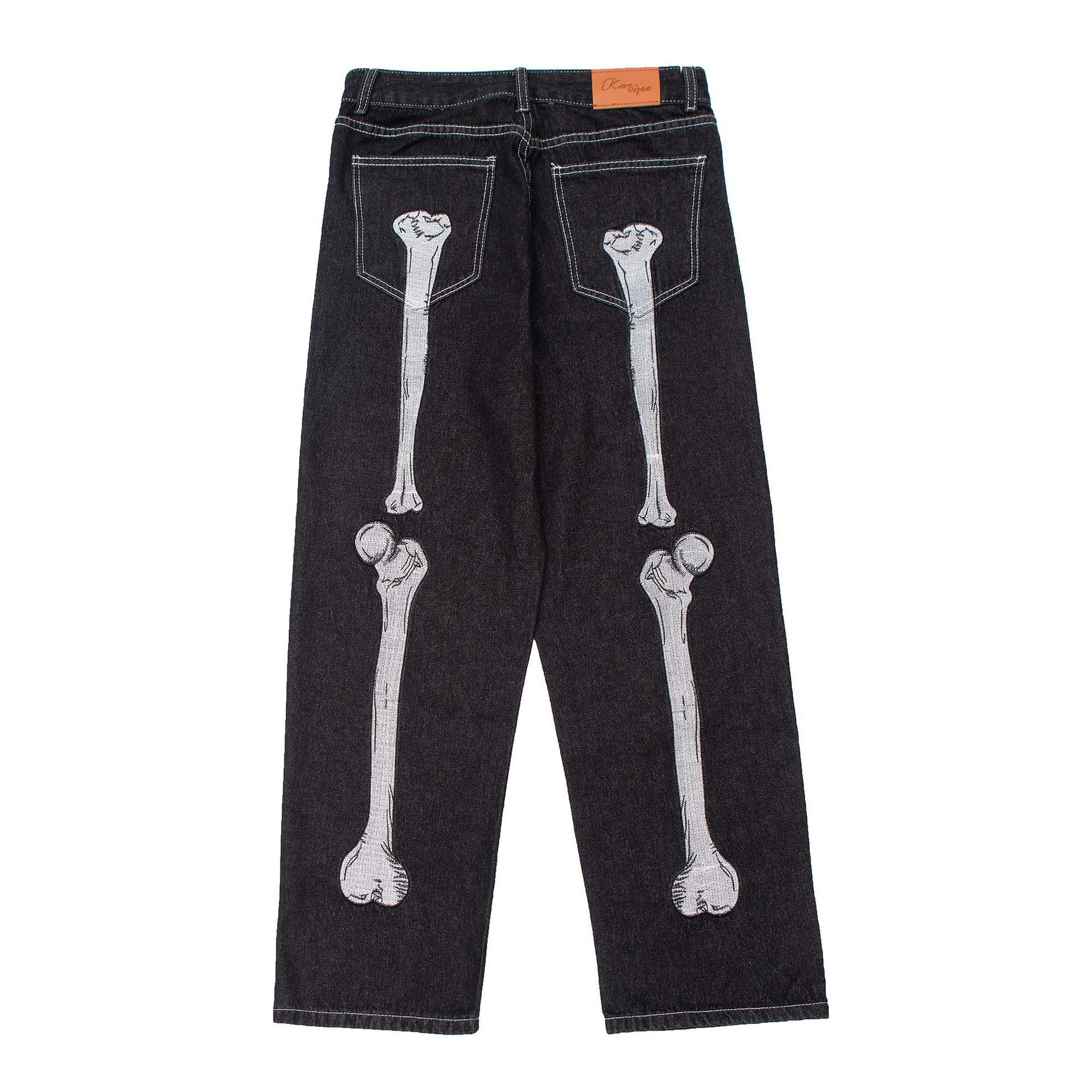 Dark Bone Print Jeans Men s Trendy Loose Wide-leg Straight-leg Pants S black Fancy Style Studio