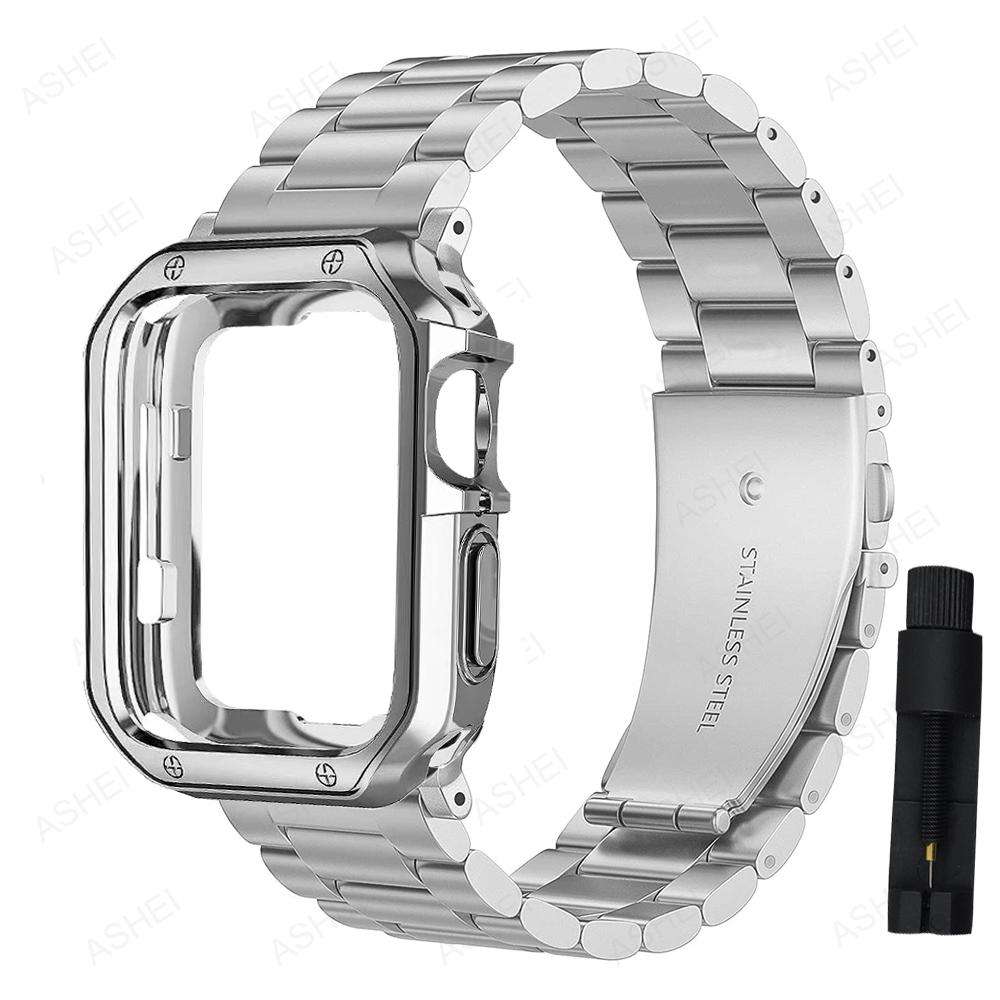 Металлический ремешок + чехол из ТПУ для Apple Watch Band 44/40/45/41 мм 42 мм 38 мм Браслет из нержавеющей стали для серии IWatch 765432SE 8 Ultra 49 мм Защитный чехол iwatch 7 8 45mm gray JHHC
