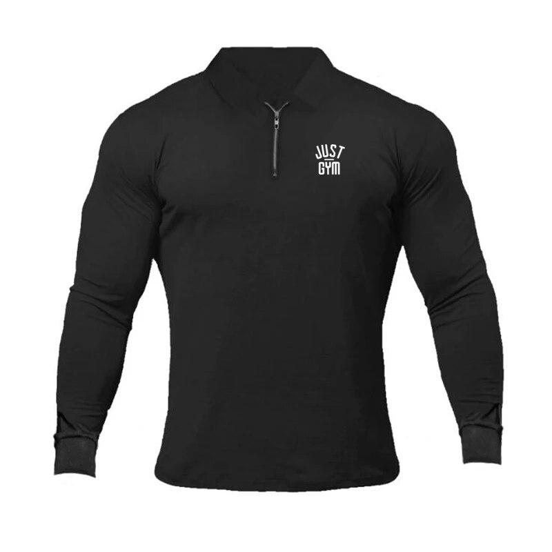 Muscleguys Just Gym с принтом, рубашки поло для бодибилдинга, мужские облегающие рубашки поло с длинными рукавами для фитнеса, осенние повседневные удобные футболки M чёрный