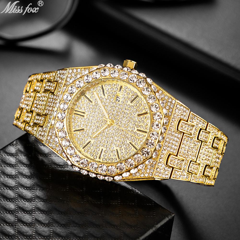 MISSFOX Роскошные часы Iced Diamond для мужчин, модные водонепроницаемые кварцевые часы, хип-хоп, золотые ювелирные наручные часы золотой Sport Watch