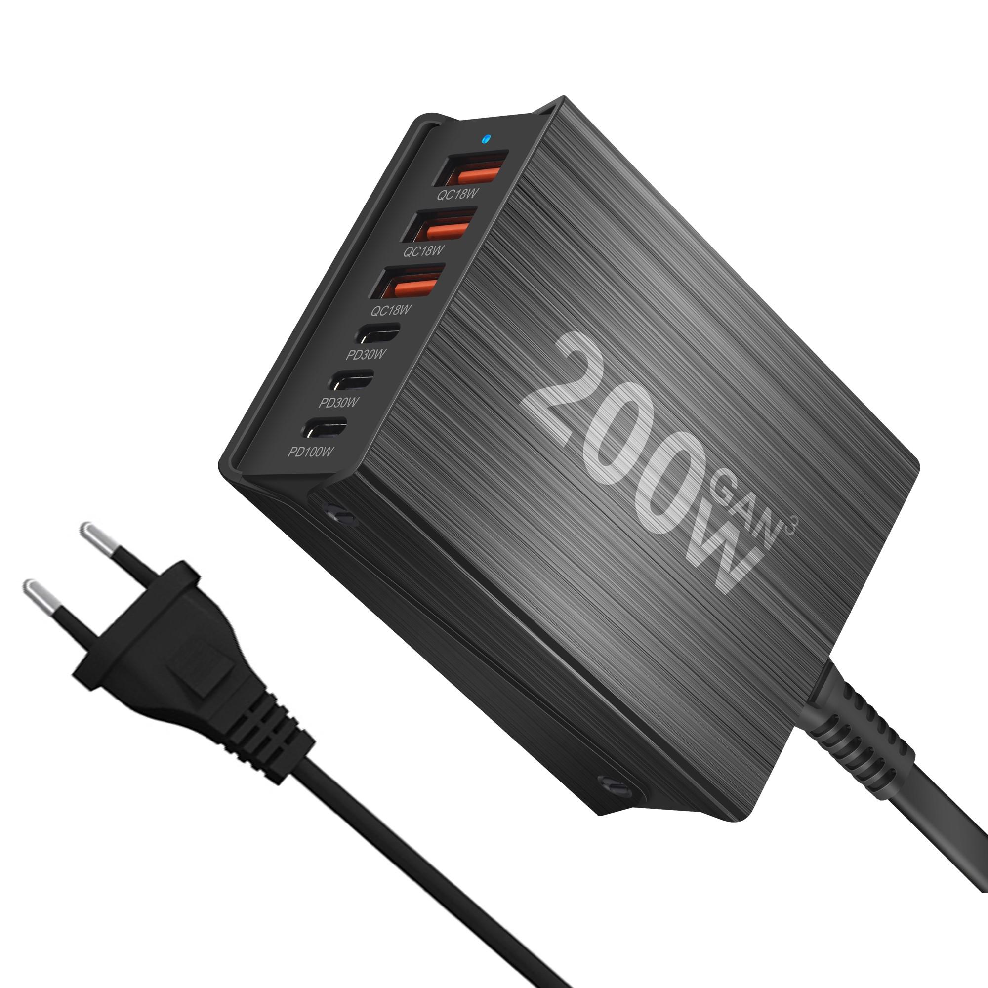 200 Вт 6-портовая GaN быстрая зарядная станция USB C зарядное устройство быстрая зарядка QC PD 3.0 Type C быстрое зарядное устройство для iPhone 16/15/14/13 Pro MacBook 3A3C US Plug чёрный JadeBamboo Chargers Warehouse