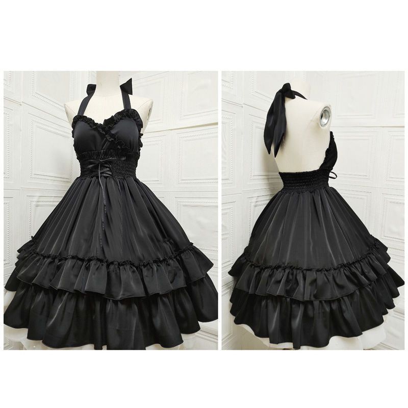 Классическое элегантное платье на подтяжках Lolita Solid Kawaii Lolita Retro Soft Girl Tea Party JSK Suspender Dress One size чёрный SHIZI