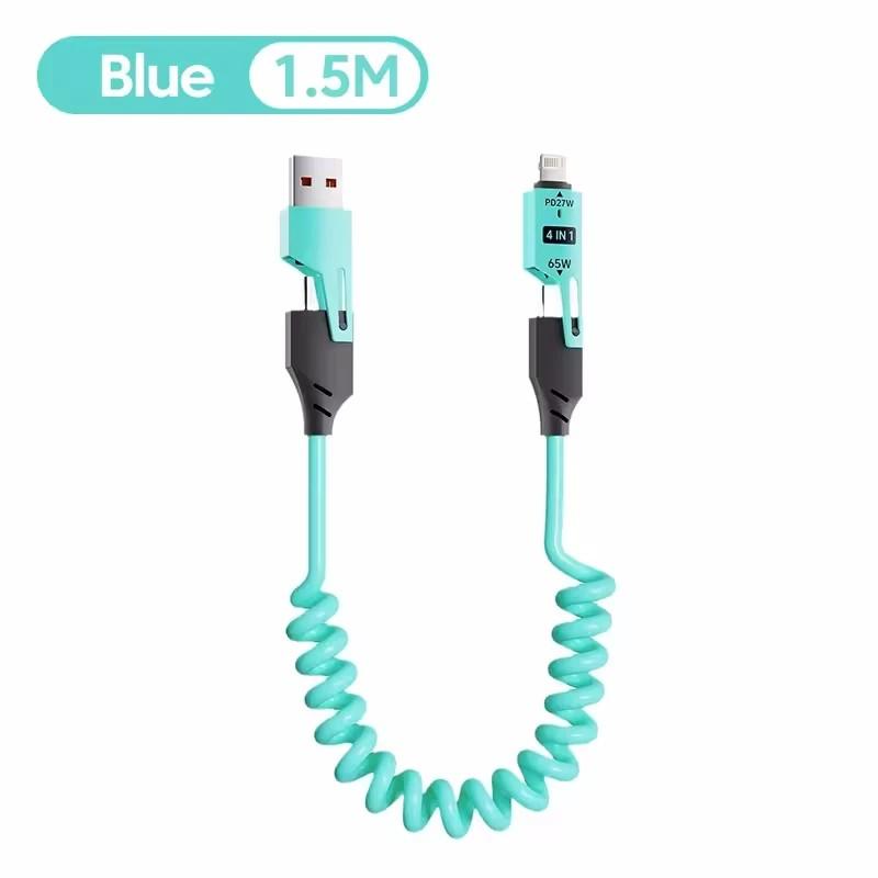 65 Вт быстрое зарядное устройство пружинный USB-кабель 4 в 1 пружинный кабель передачи данных 6A USB Type C пружинный телескопический провод для iPhone iPad MacBook Huawei синий AlongChoice