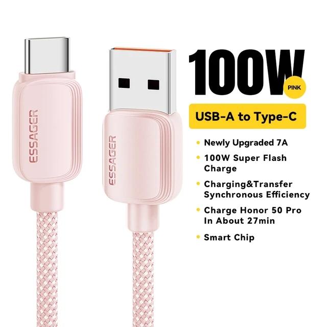 Essager 7A 100 Вт USB Type C кабель для Huawei Honor 88 Вт PD зарядное устройство для быстрой зарядки USB A кабель для передачи данных для Xiaomi Oneplus Samsung 1m розовый