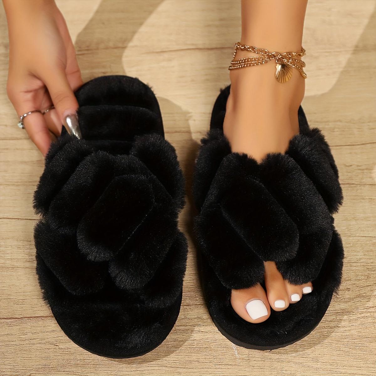 Теплые домашние тапочки Crisscross Fluffy, мягкая подошва с открытым носком, удобная обувь с плюшевой подкладкой, нескользящие бесшумные тапочки для зимы и осени 36-37 чёрный Lucky Black Cat