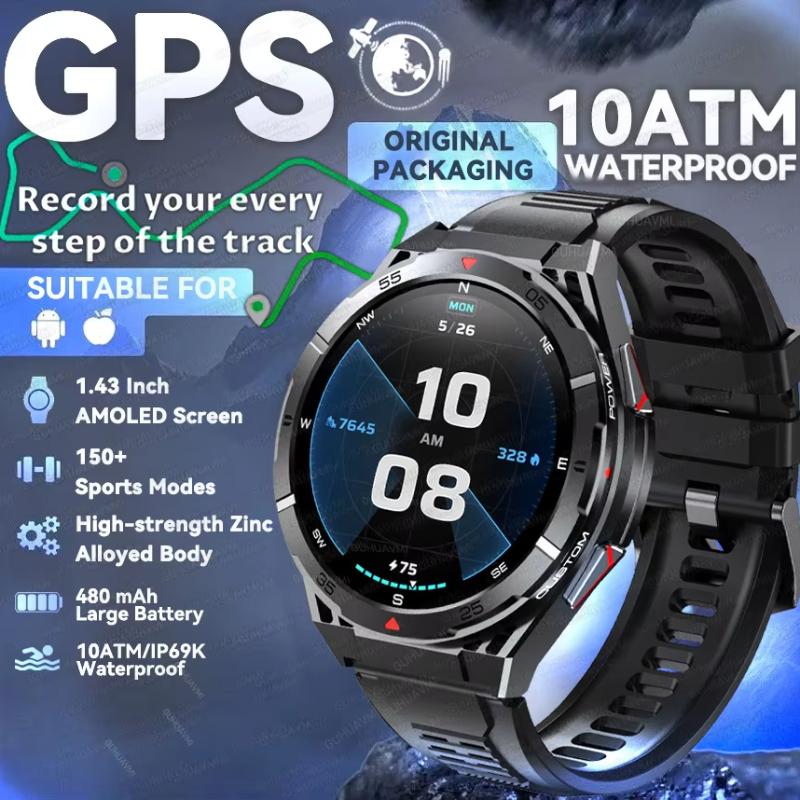 2025 Новые двухдиапазонные спутниковые GPS умные часы для мужчин 1,43   AMOLED экран Компас Пульсометр BT вызов IP69 Водонепроницаемые часы для плавания Silicone Belt чёрный ElectronicsHome
