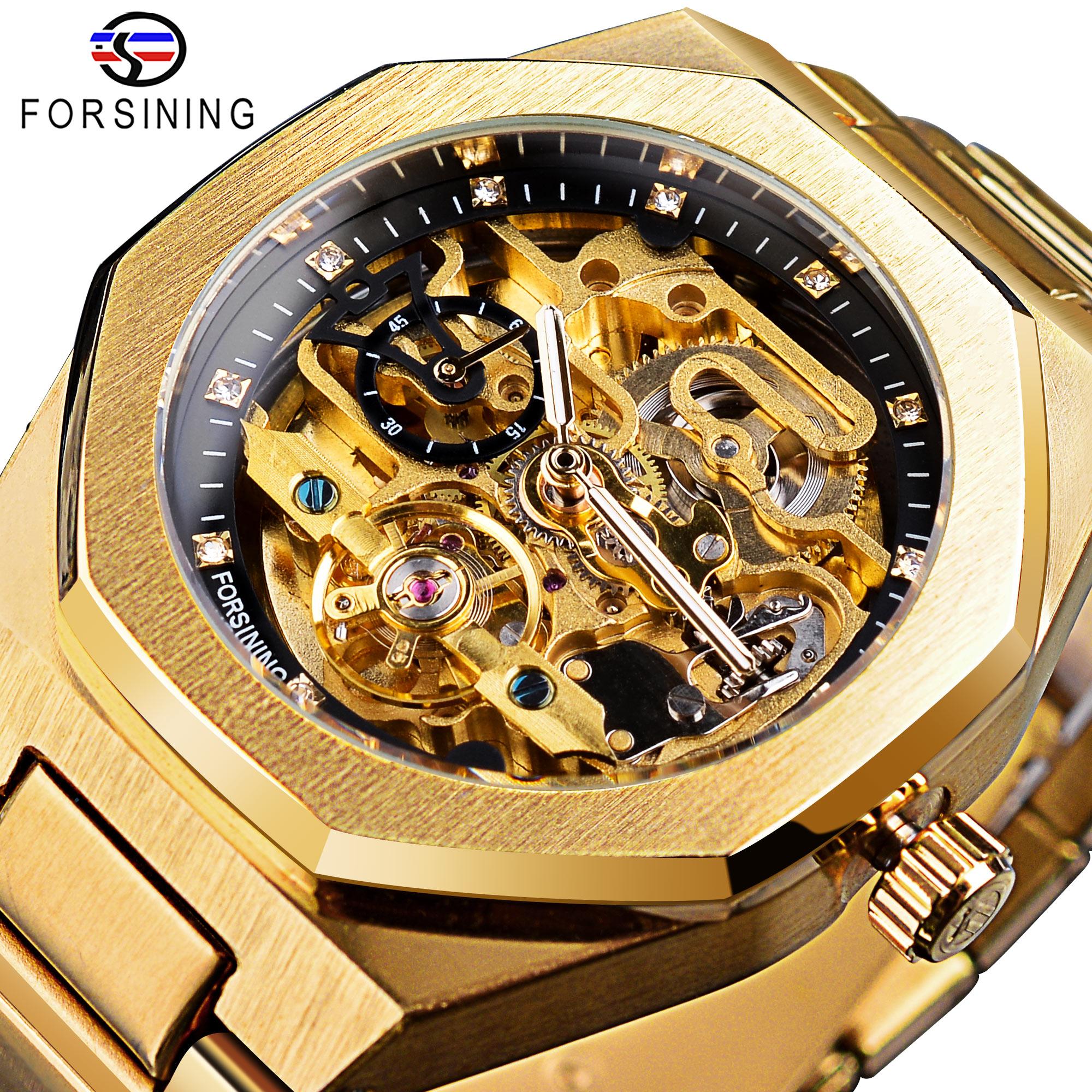 Forsining повседневные автоматические часы 3D Diamond Skeleton Hollow мужские наручные часы светящиеся военные часы Tourbillon Montre Homme золотой