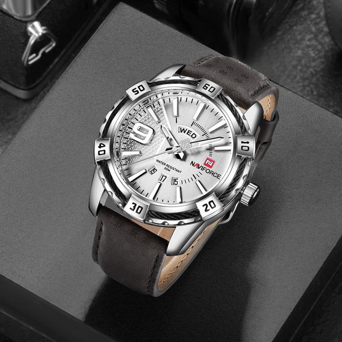 NAVIFORCE 9117L спортивные роскошные кварцевые мужские наручные часы с ремешком из натуральной кожи 245mm серебро белый
