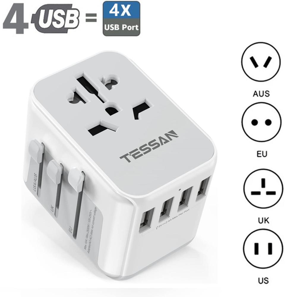 Универсальный дорожный адаптер TESSAN, международный адаптер с 4 USB-разъемами, универсальное зарядное устройство для ЕС, Великобритании, Америки, Канады и других стран 4 USB Ports серый