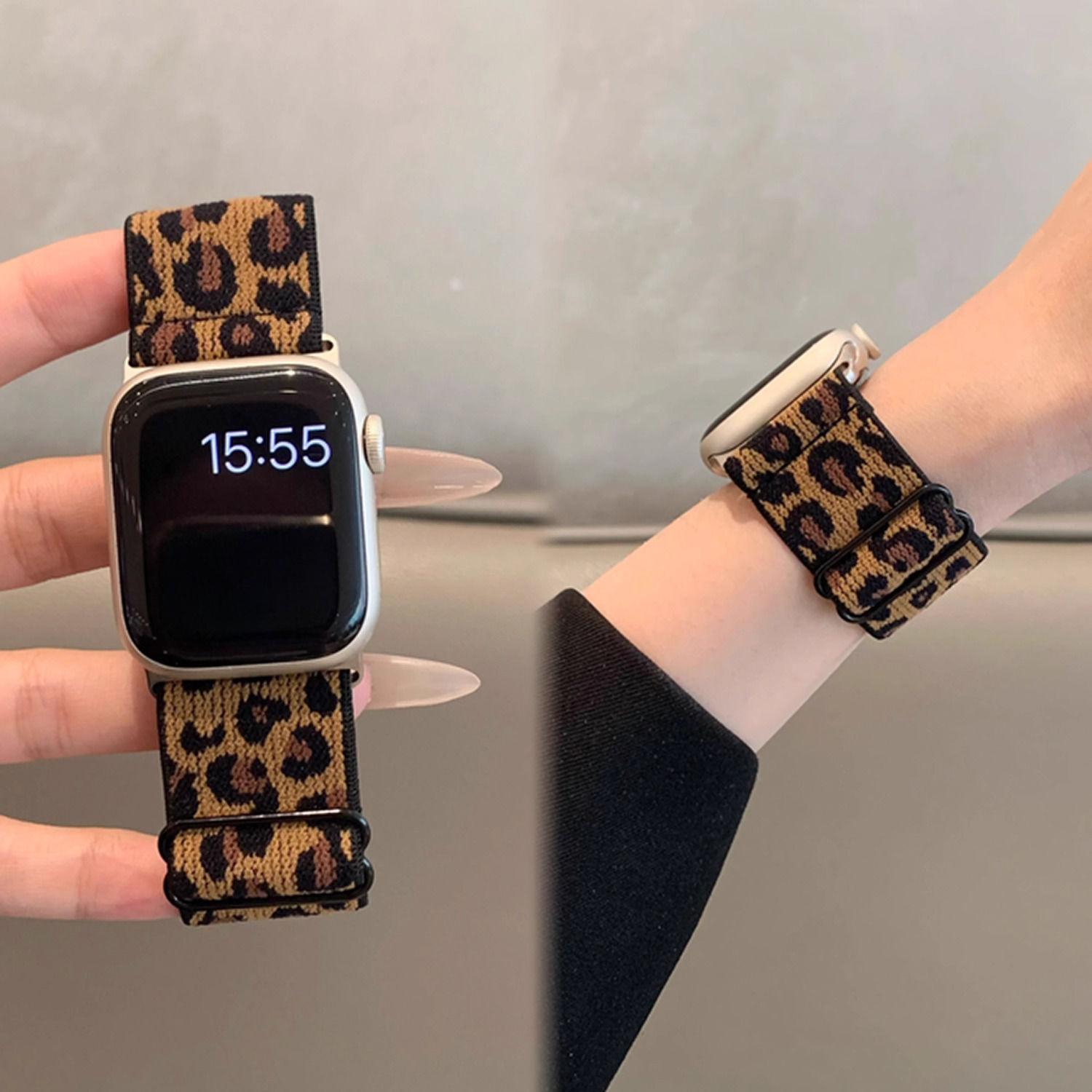 Ремешок для часов из нейлона с леопардовым принтом для Apple Watch S10 - эластичный плетеный спортивный ремешок, удобный сменный ремешок для iWatch 10/9/8/7/6/5/4/3/2/1/Se/Ultra/ultra2 38mm【s1/2/3】 gray Foucsontop
