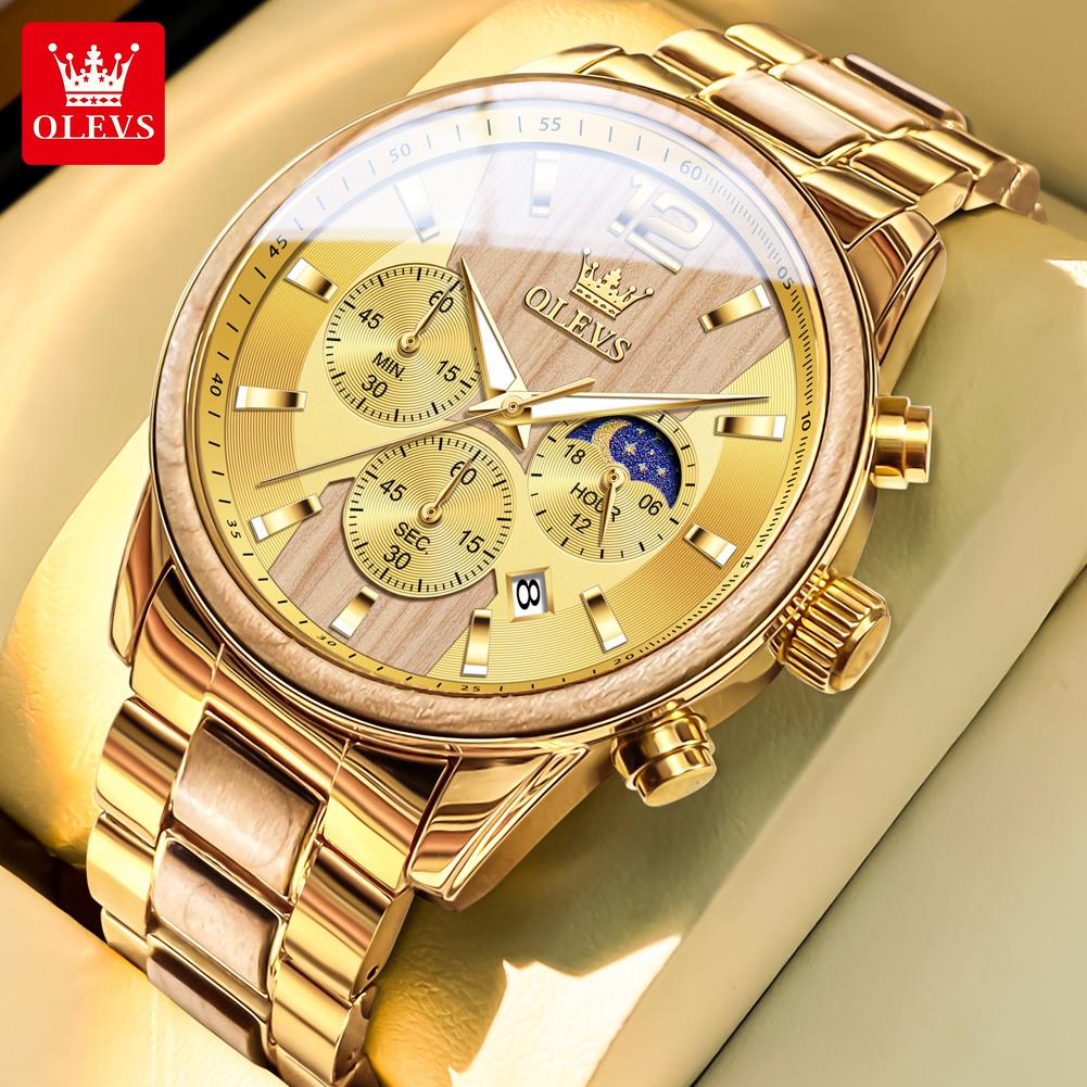 OLEVS Brand New Creative Wood Multifunctional Quartz Watch for Men Moon Phase Chronograph Date High-end Business Men s Watches золотой