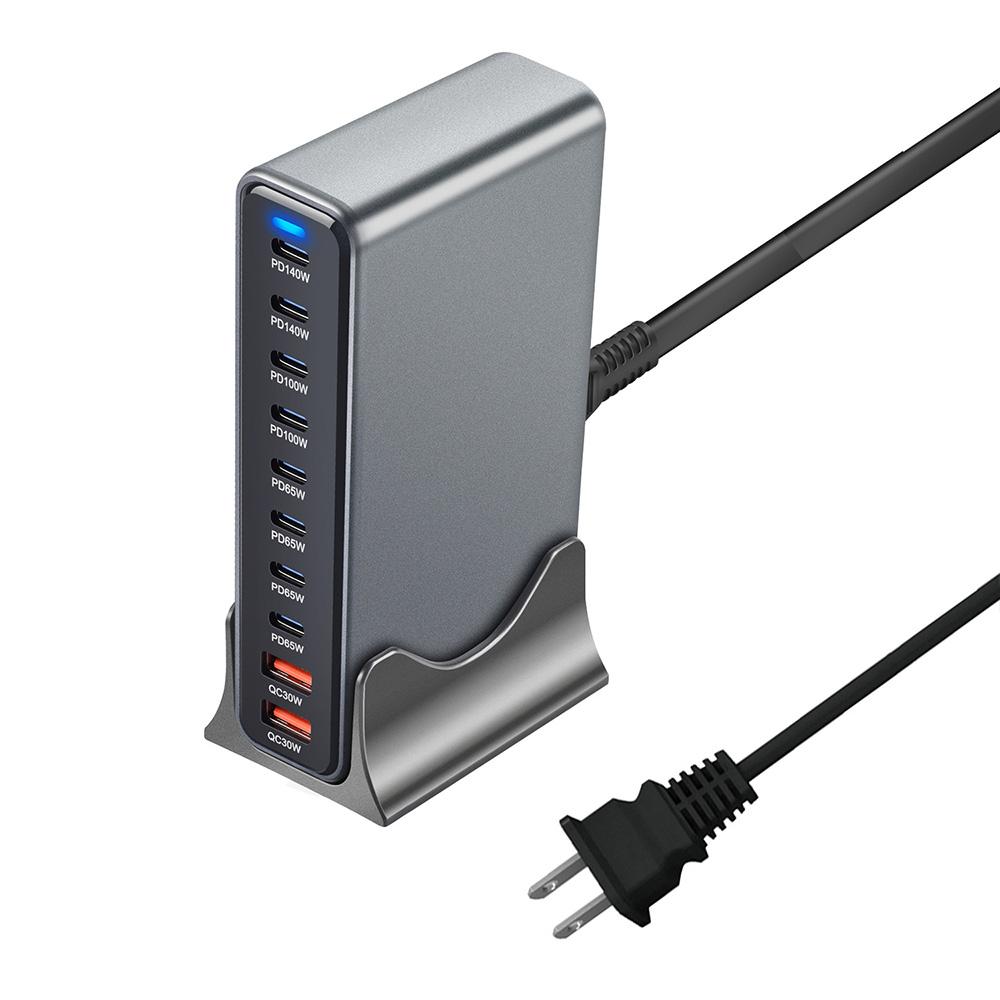 765 Вт GaN 10-портовое быстрое зарядное устройство USB C Двойная быстрая зарядная станция 140 Вт PD3.1 для iPhone 16 Samsung MacBook Ноутбук Настенное зарядное устройство gray Pulse Steps