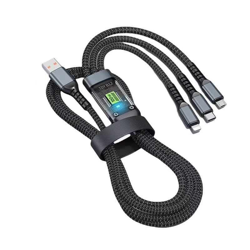 Кабель для быстрой зарядки 3 в 1 100 Вт 1,2 м Кабель USB Type-C для iPhone Realme Samsung Huawei 50 Pro Micro USB C Lightning Зарядный кабель Провод Length 1.2M чёрный AlongChoice