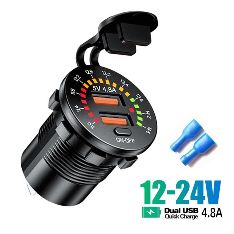 QC3.0 PD USB Автомобильная розетка для быстрой зарядки Цветной экран Двойной USB 4.8A Модифицированное автомобильное зарядное устройство с дисплеем напряжения и переключателем для автомобиля 12 В Лодка Мотоцикл Грузовик Dual USB 5V4.8A gray YJMP Auto Parts