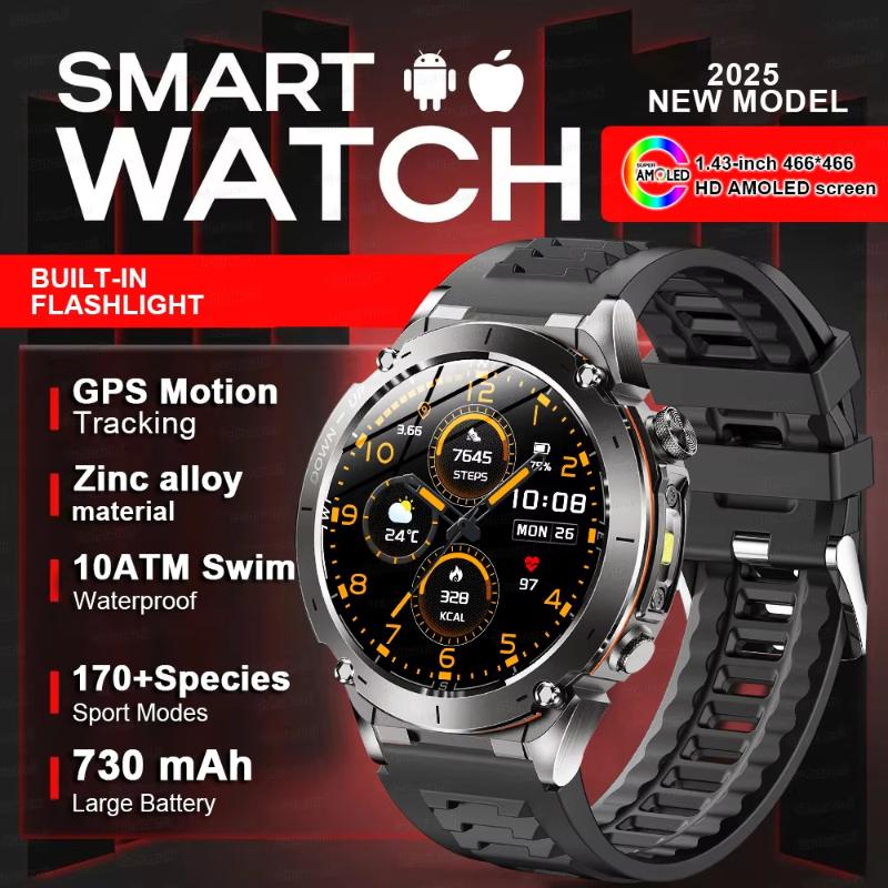 2025 Новые двухдиапазонные спутниковые GPS умные часы Экран Ultra HD AMOLED Компас Водонепроницаемость 10 атм Спортивный смарт-браслет Мужские часы чёрный ElectronicsHome