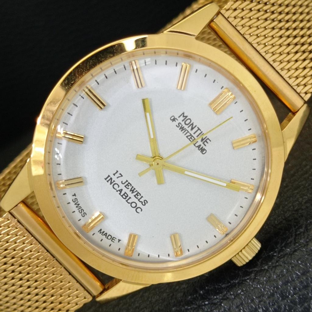 ВОССТАНОВЛЕННЫЕ ВИНТАЖНЫЕ МУЖСКИЕ ПОЗОЛОЧЕННЫЕ ЧАСЫ MONTINE OF SWITZERLAND 17J a285404-5 white Vintagewatches