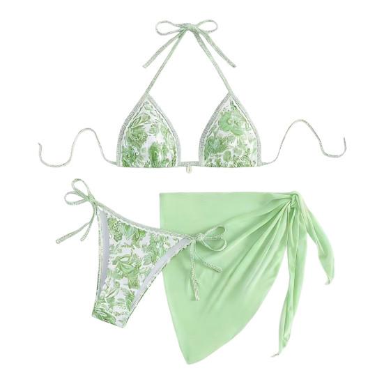 3Pcs/Set Swimsuit Set Halter Chest Pads No Steel Support Bra Swimming Briefs Cover Up Skirt Set Contrast Print Split Swimsuit S зелёный xiafenghuaya