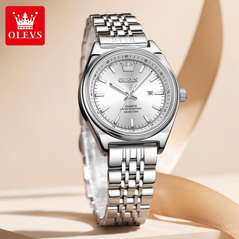 Watches Woman Elegant Quartz Watch Waterproof Luminous Stainless Steel Date Watches Woman Bracelet Gifts Box silver strap белый OLEVS