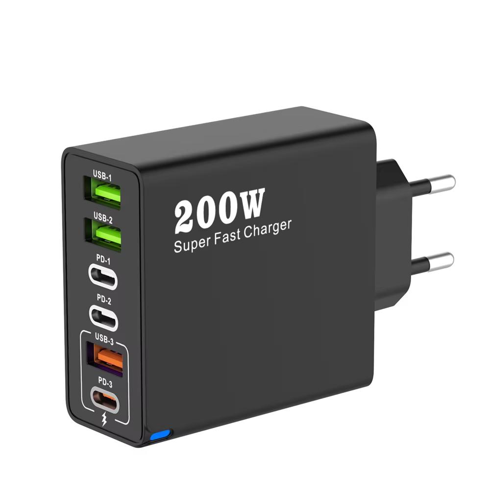 Зарядное устройство для мобильного телефона 6 в 1, общая мощность 200 Вт, USB Type C, USB3.0, PD3.0, адаптер питания для сверхбыстрой зарядки для iPhone, Xiaomi, Samsung eu plug чёрный Phone Charging Accessories