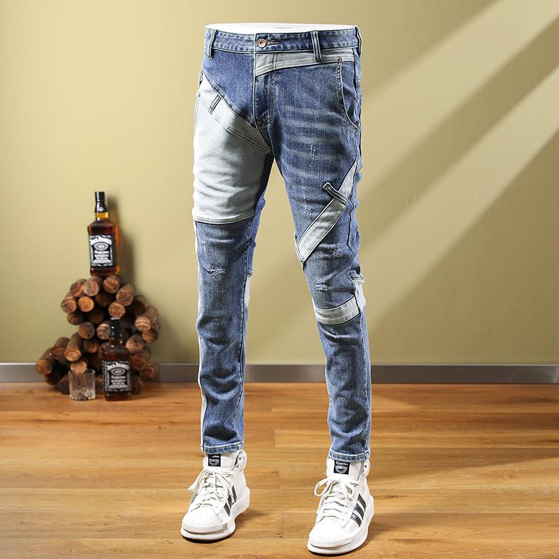 Мужские эластичные джинсы Slim-Fit в стиле ретро-пэчворк: Модные, стильные повседневные длинные брюки для осени и зимы. 36 (165-180 lbs) gray StrideBox