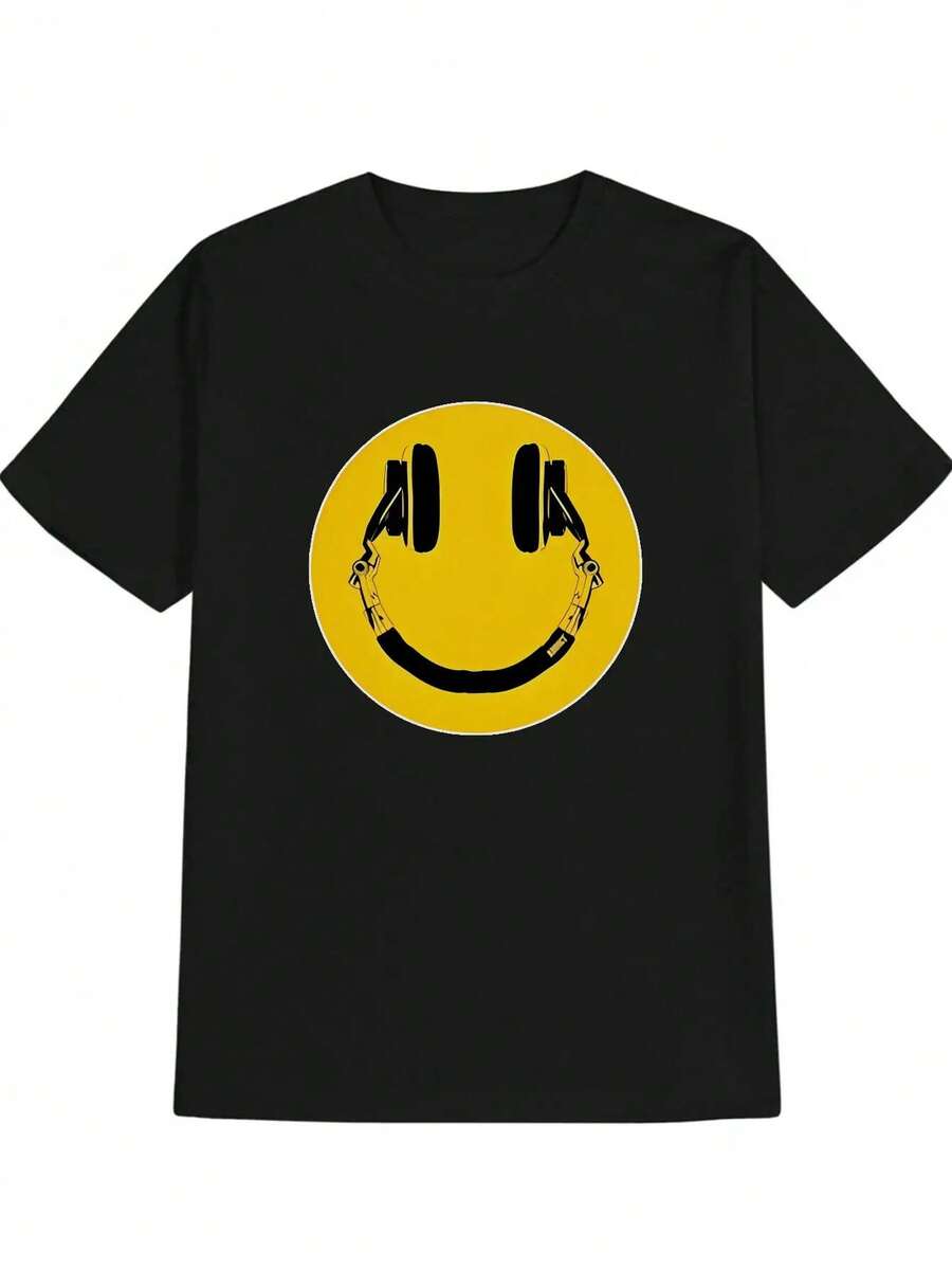Unisex s Casual Graphic T-Shirt - Black With Yellow CiIIIIIle Headphones & Joyful Face Print XXXL yellow NiceTee