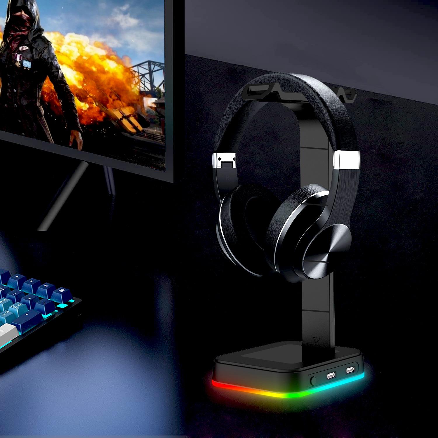 Новая подставка для гарнитуры 4в1 RGB с изменяющимся цветом, подставка для игровой гарнитуры, подставка для дисплея игровой гарнитуры с двойным USB-портом чёрный xin lianlian