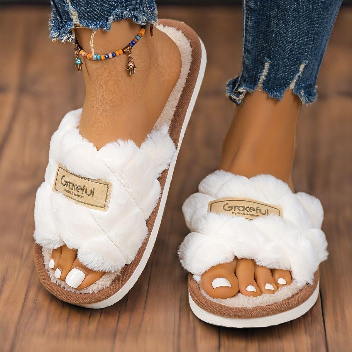 Теплые домашние тапочки Crisscross Fluffy, мягкая подошва с открытым носком, удобная обувь с плюшевой подкладкой, нескользящие бесшумные тапочки для зимы и осени 36-37 белый Yoghurt
