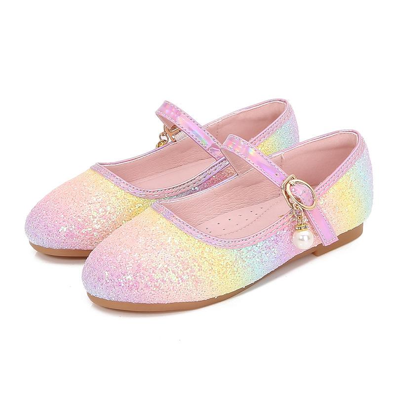 New princess shoes for girls, autumn and winter shiny crystal shoes, rainbow-colored children s shoes, soft-soled girls  leather shoes 22 white KING yifu